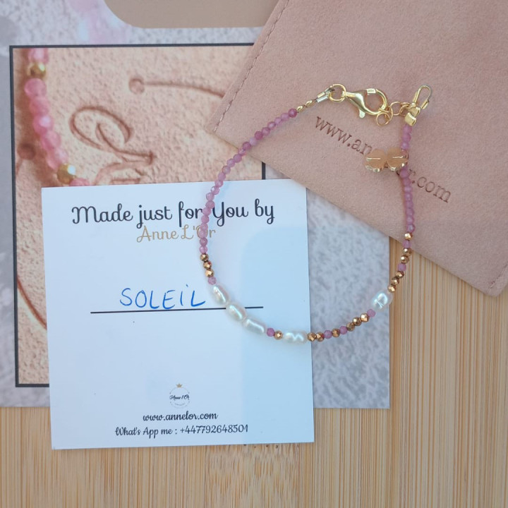 bracelet in pink tourmaile semi precious stone Murmures Precieux® dash and dot jewellery made through creative workshops